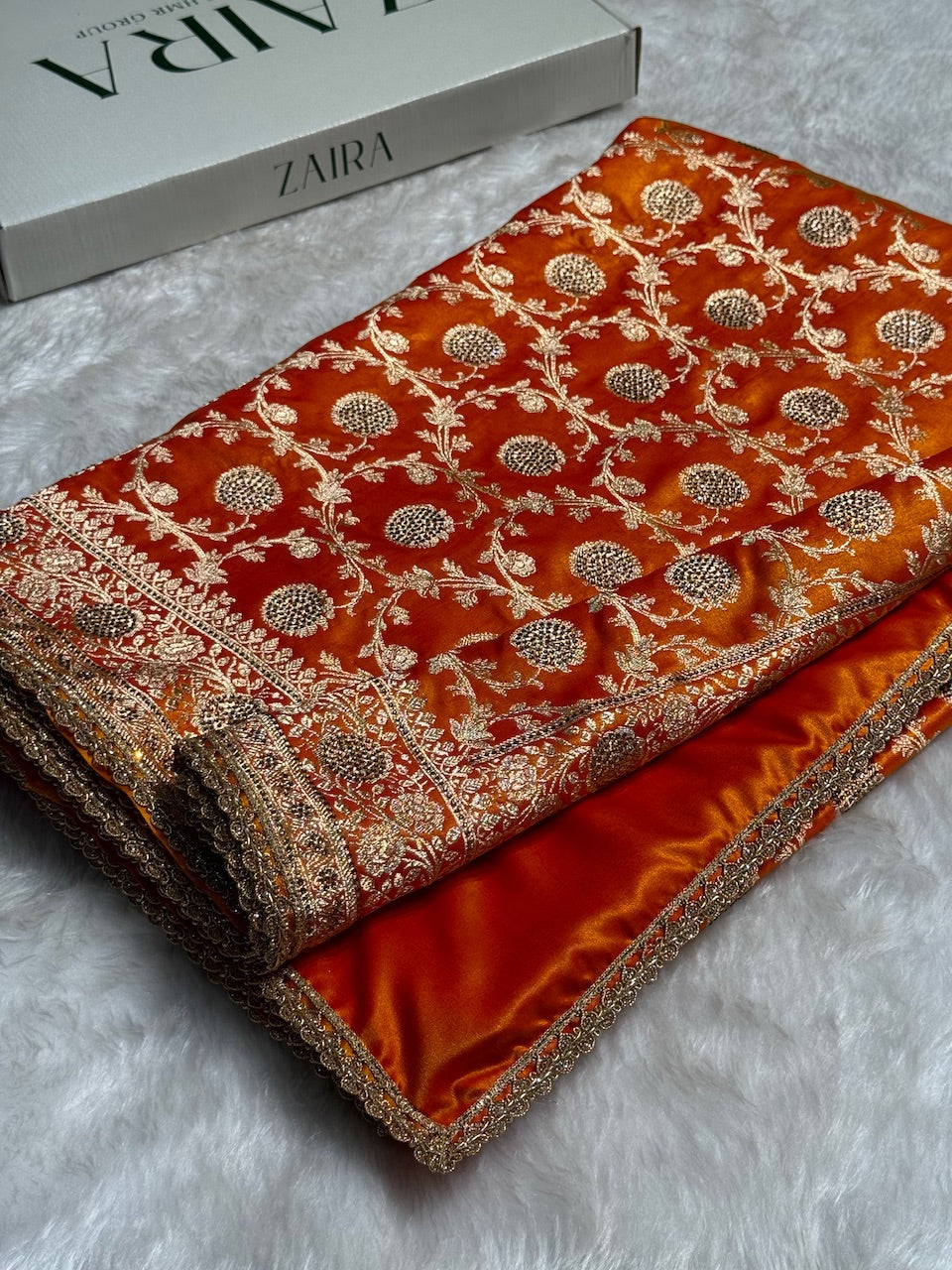 Light Weight Orange Gold Satin Silk Saree with WORK BSS15