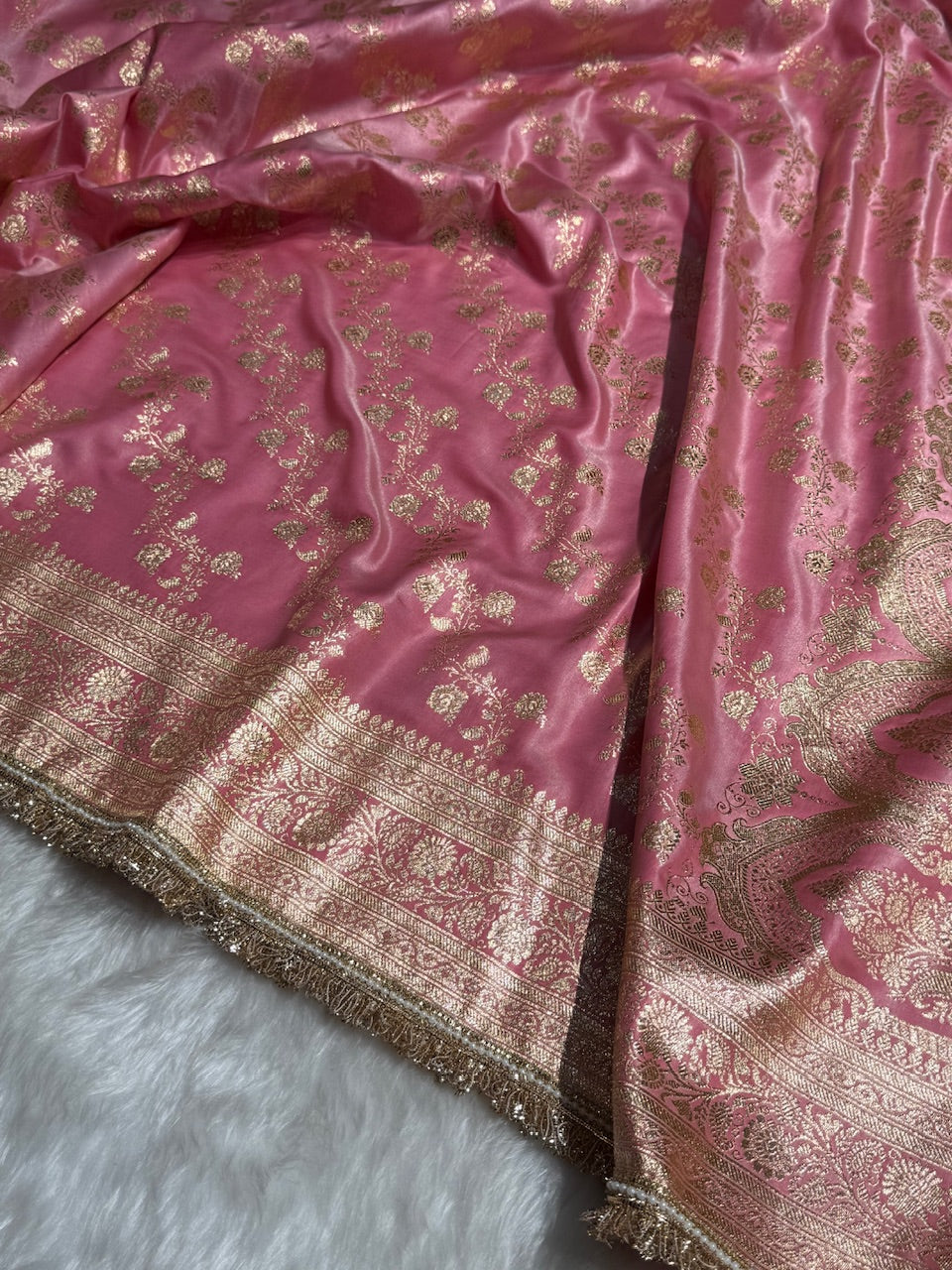 Banarasi Baby Pink Cross Jaal Satin Silk Saree with Gota Patti SSGP11