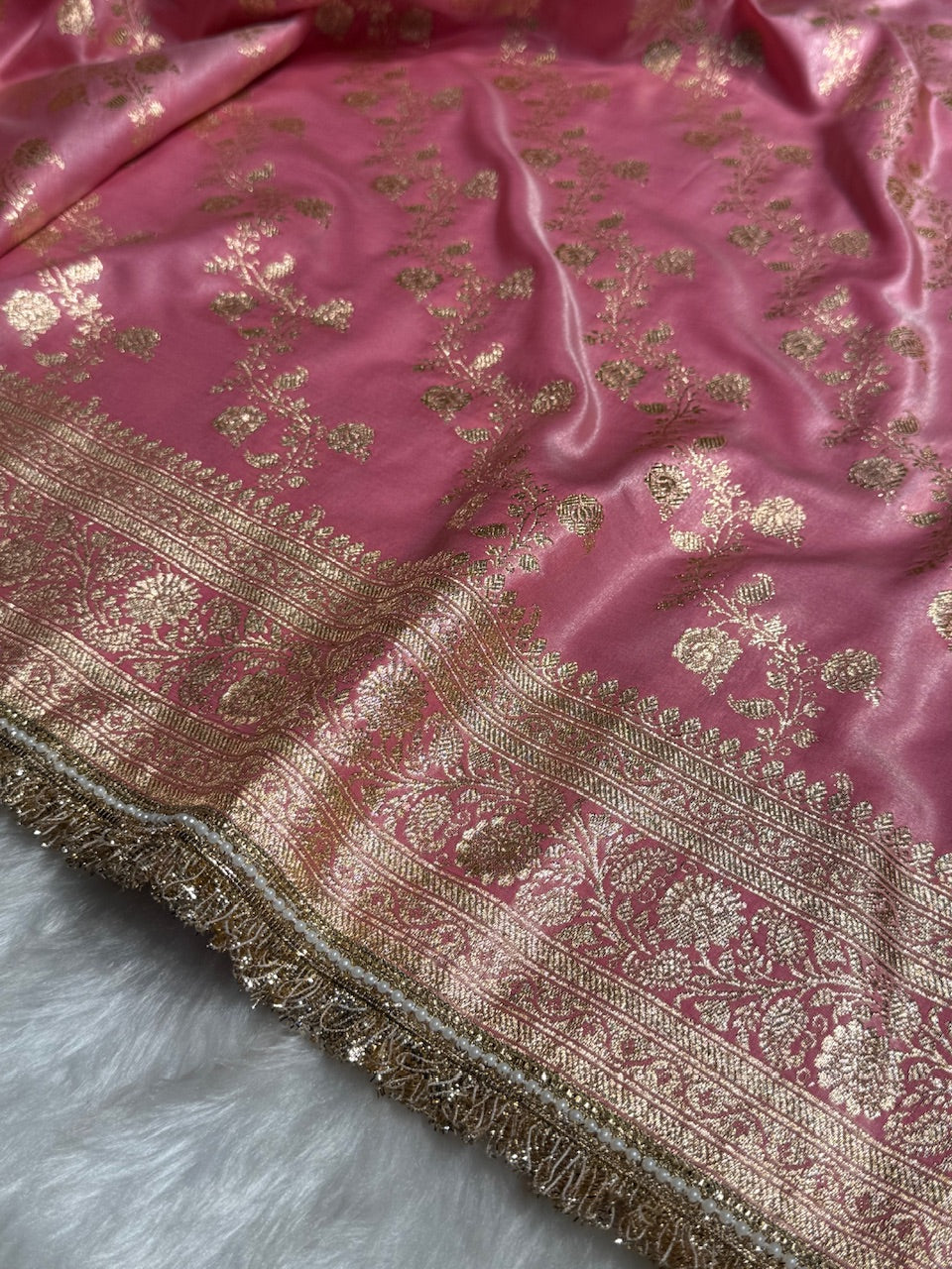 Banarasi Baby Pink Cross Jaal Satin Silk Saree with Gota Patti SSGP11