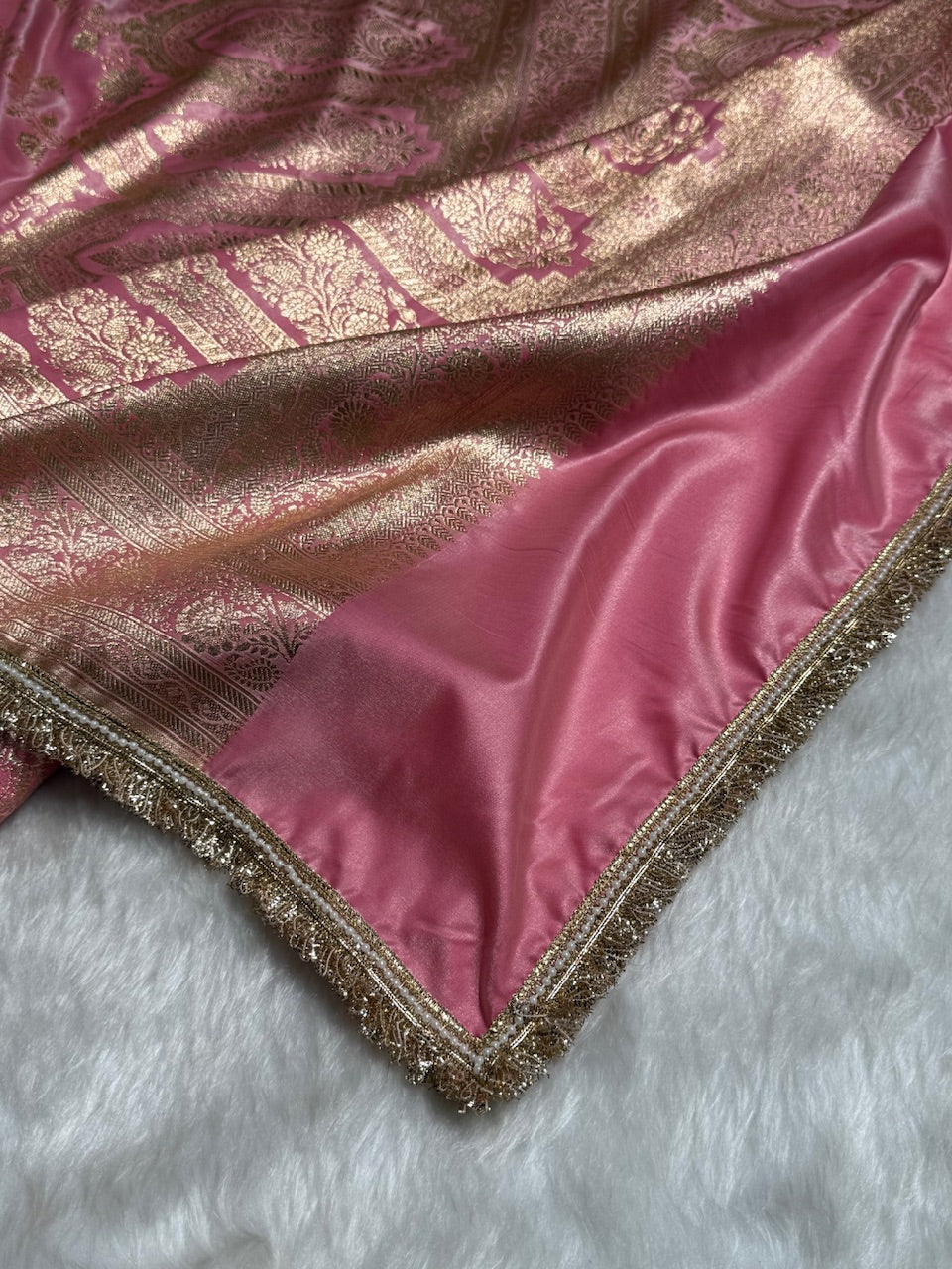 Banarasi Baby Pink Cross Jaal Satin Silk Saree with Gota Patti SSGP11