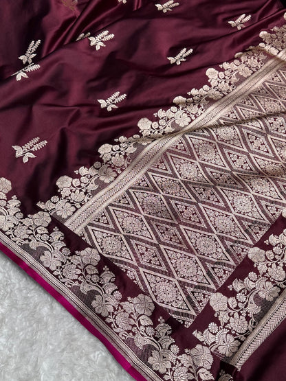 Dark Wine Floral Boota Mashru Silk Saree