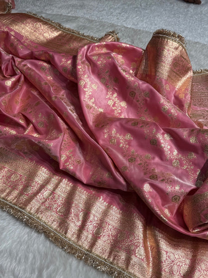 Banarasi Baby Pink Cross Jaal Satin Silk Saree with Gota Patti SSGP11