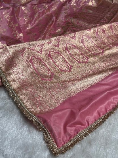 Banarasi Baby Pink Cross Jaal Satin Silk Saree with Gota Patti SSGP11