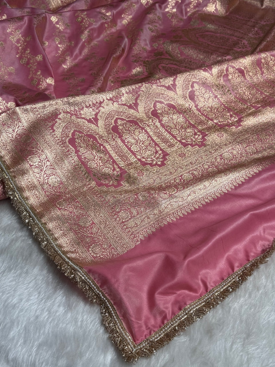 Banarasi Baby Pink Cross Jaal Satin Silk Saree with Gota Patti SSGP11