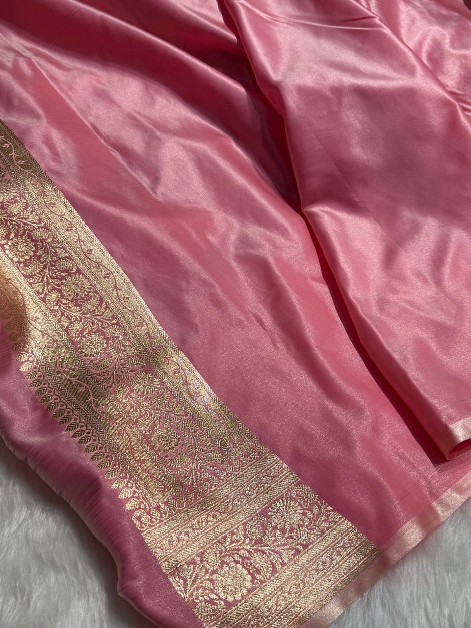 Banarasi Baby Pink Cross Jaal Satin Silk Saree with Gota Patti SSGP11