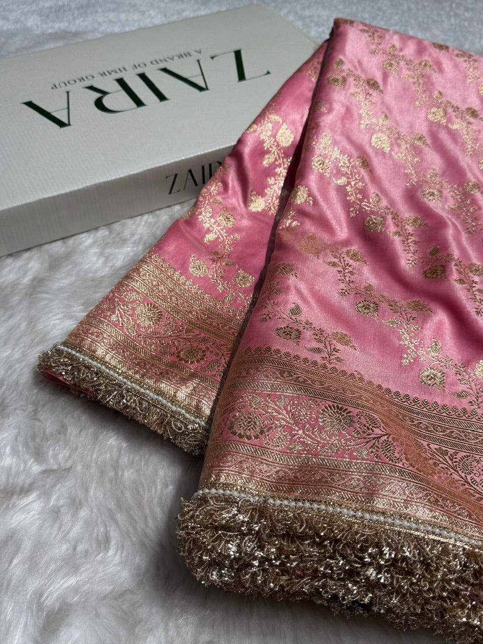 Banarasi Baby Pink Cross Jaal Satin Silk Saree with Gota Patti SSGP11