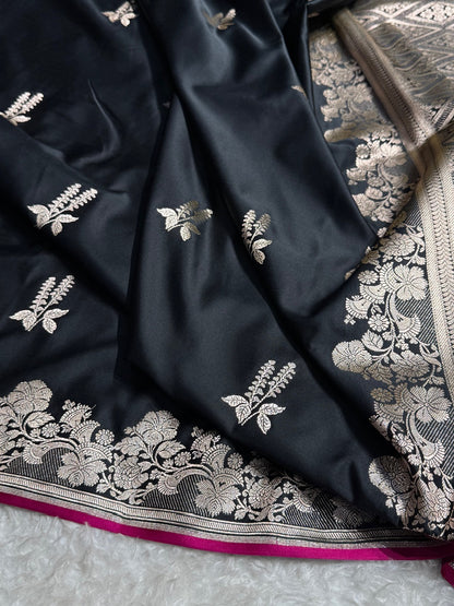 Black Floral Boota Mashru Silk Saree