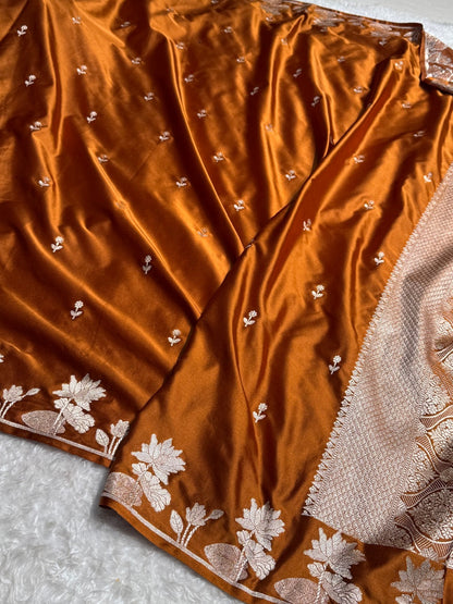 Dark Rust Floral Booti Mashru Silk Saree