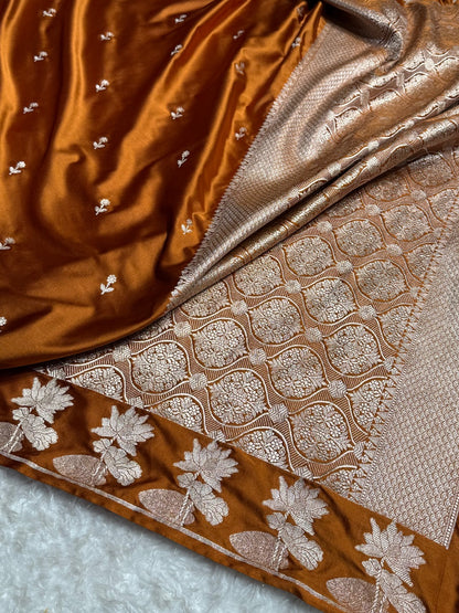 Dark Rust Floral Booti Mashru Silk Saree