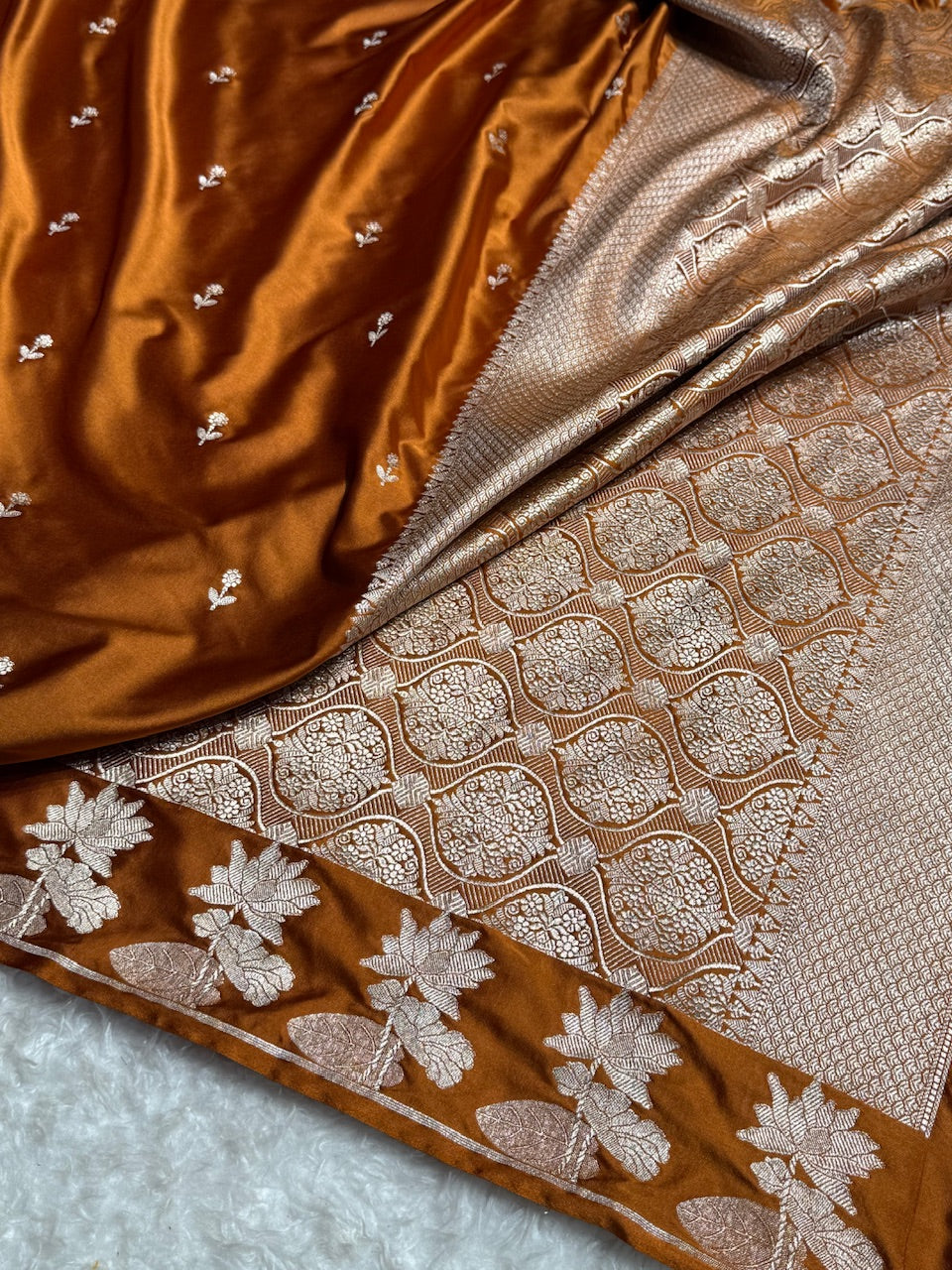 Dark Rust Floral Booti Mashru Silk Saree