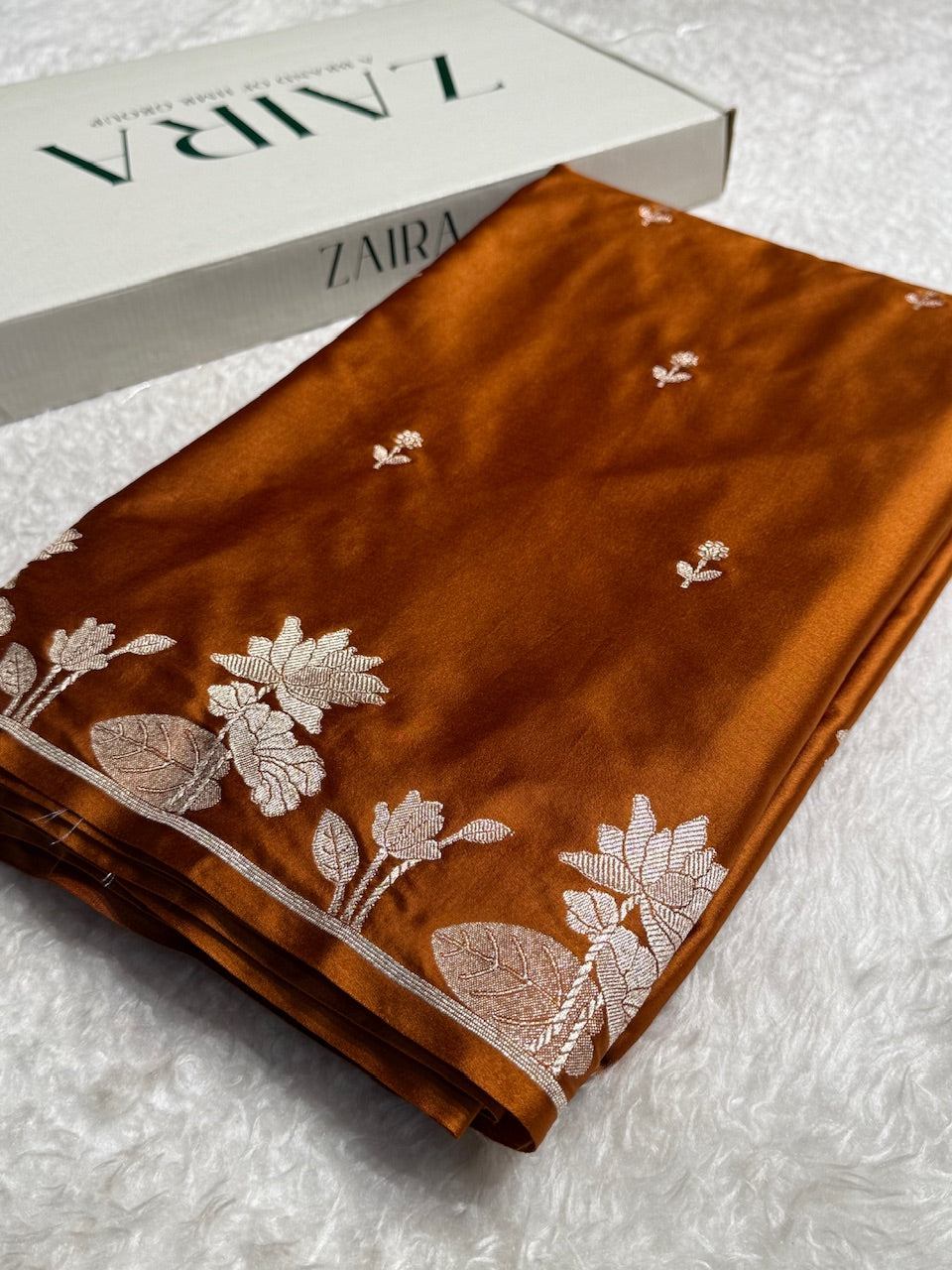 Dark Rust Floral Booti Mashru Silk Saree