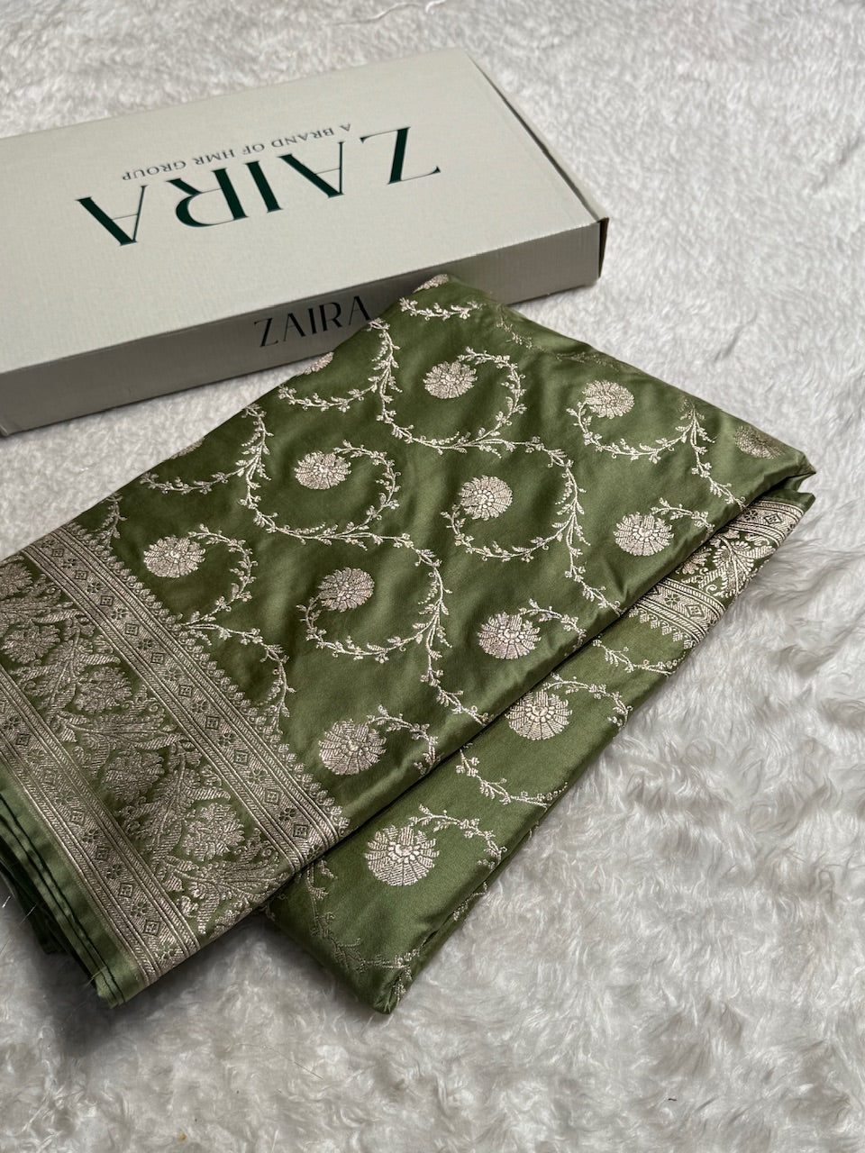 Sage Green Mashru Silk Banarasi Saree With Jaal