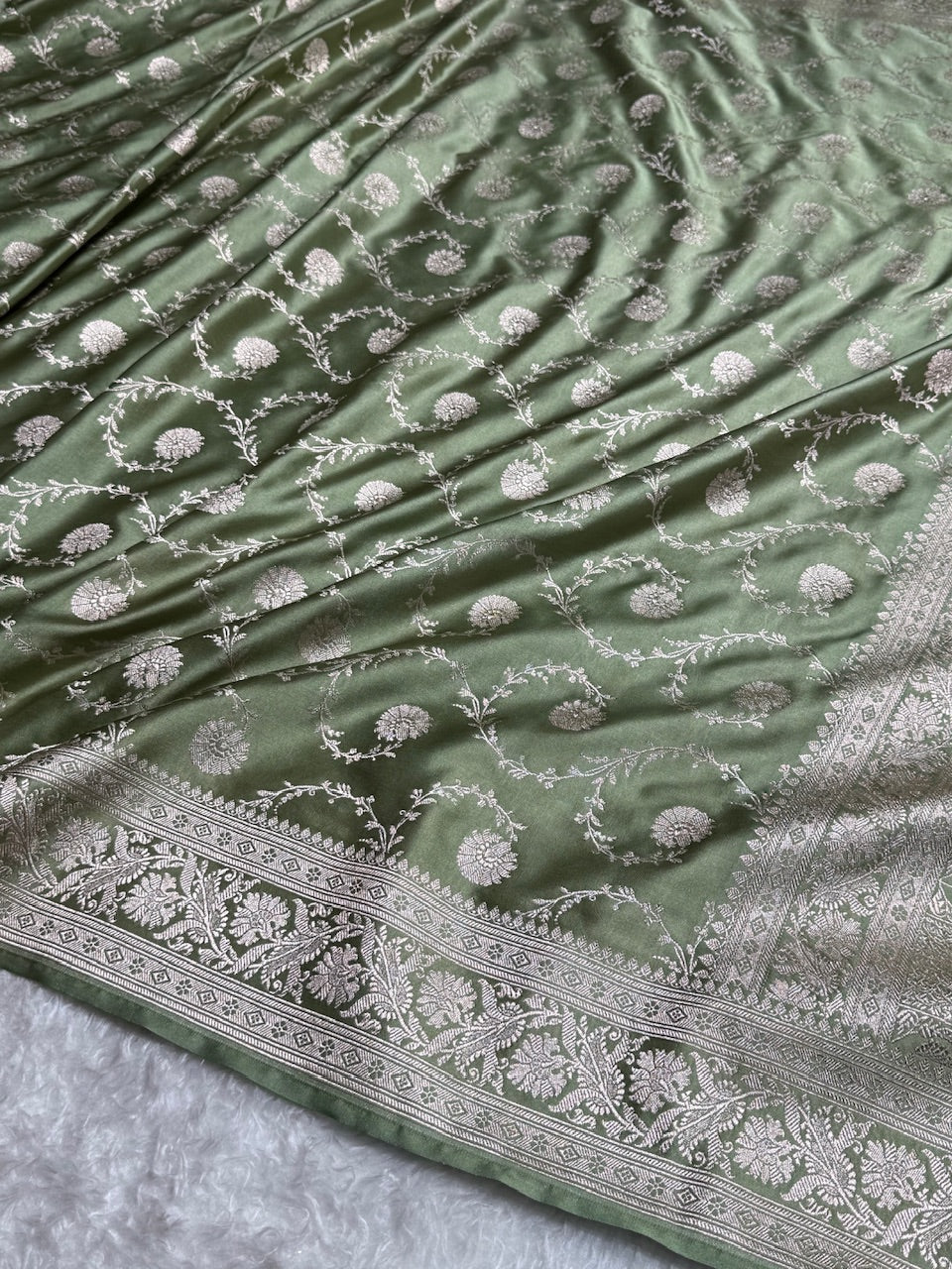 Sage Green Mashru Silk Banarasi Saree With Jaal