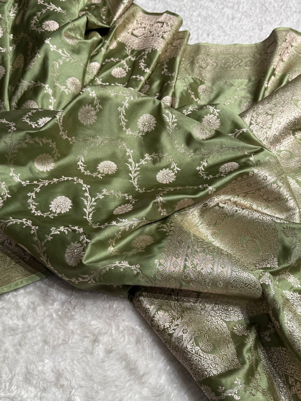 Sage Green Mashru Silk Banarasi Saree With Jaal