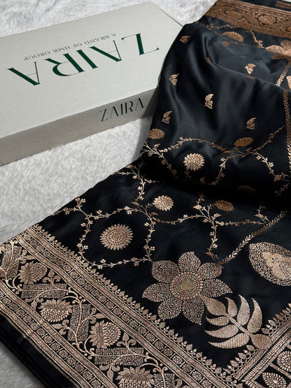 Black Shades Jaal & Booti Satin Katan Silk saree SK26