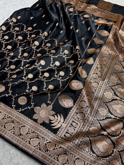 Black Shades Jaal & Booti Satin Katan Silk saree SK26