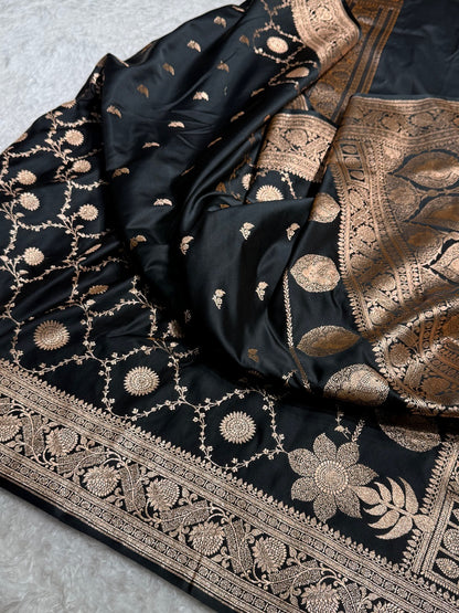 Black Shades Jaal & Booti Satin Katan Silk saree SK26