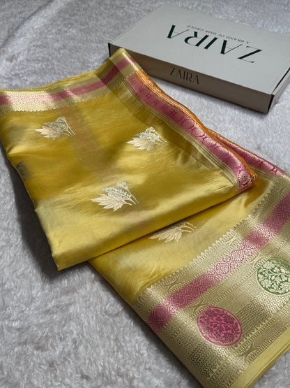 Pastel Yellow Flower Boota Pure Caramel Mango Silk Saree