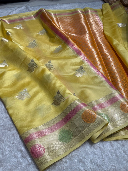 Pastel Yellow Flower Boota Pure Caramel Mango Silk Saree