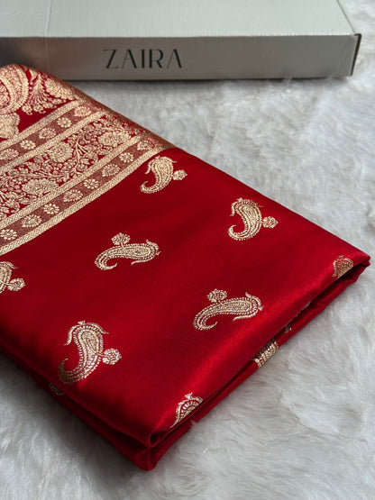Satin Silk Saree Floral Boota in Red Shades SS27