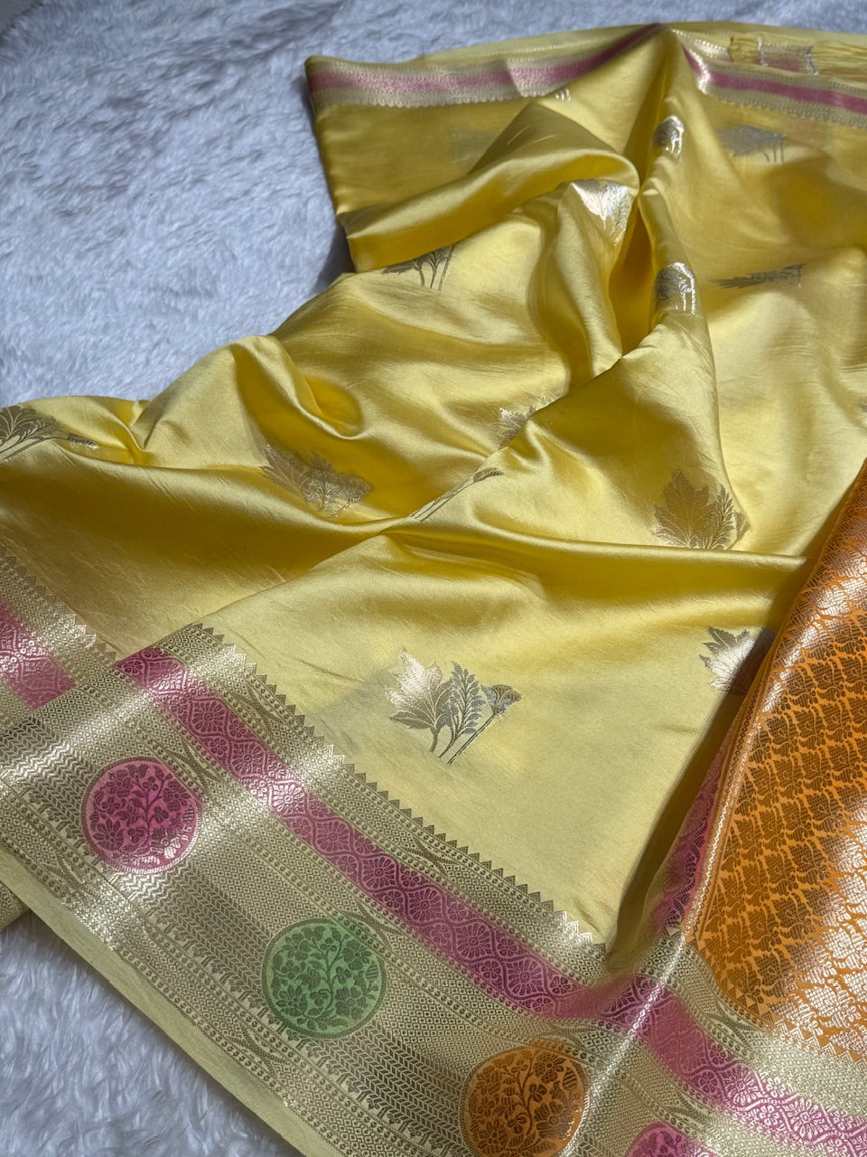 Pastel Yellow Flower Boota Pure Caramel Mango Silk Saree