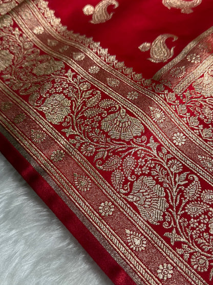 Satin Silk Saree Floral Boota in Red Shades SS27
