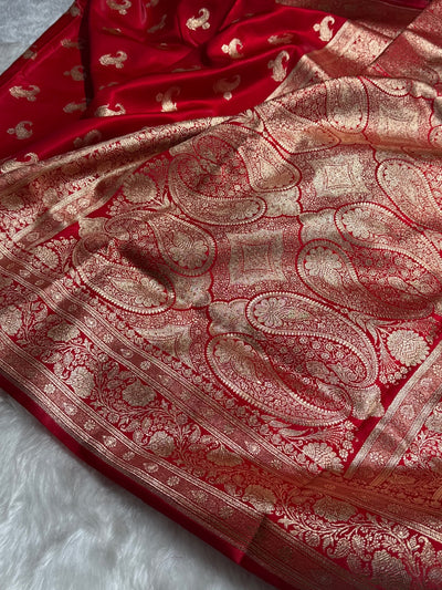 Satin Silk Saree Floral Boota in Red Shades SS27