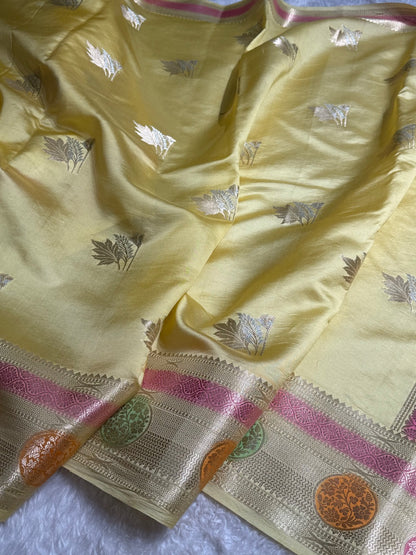 Pastel Yellow Flower Boota Pure Caramel Mango Silk Saree