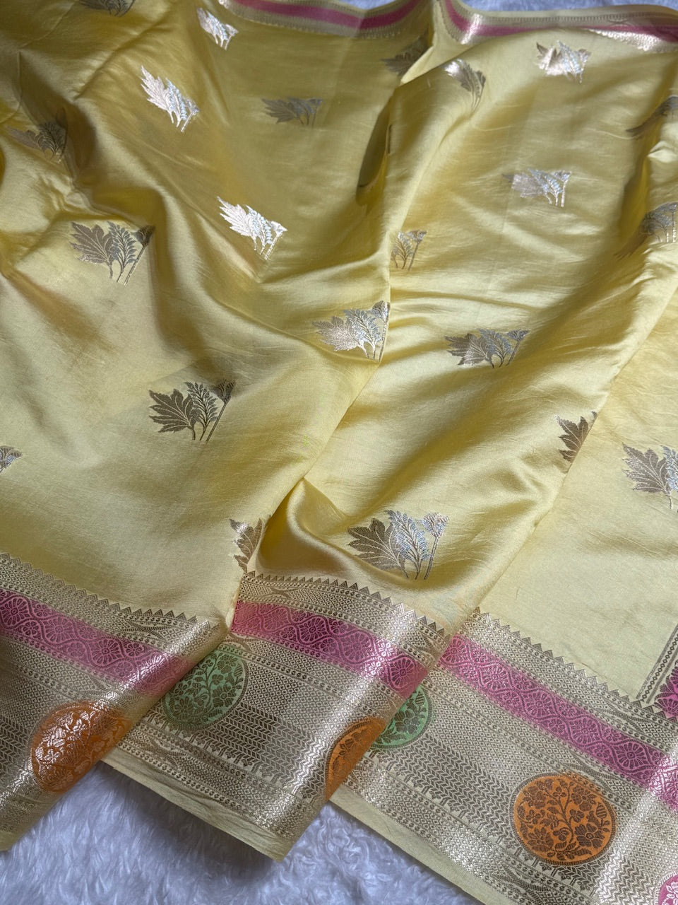 Pastel Yellow Flower Boota Pure Caramel Mango Silk Saree