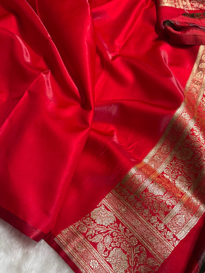 Satin Silk Saree Floral Boota in Red Shades SS27