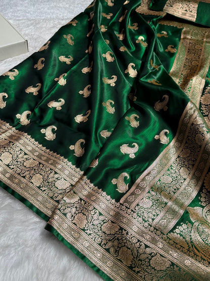 Satin Silk Saree Floral Boota in Bottle Green Shades SS27