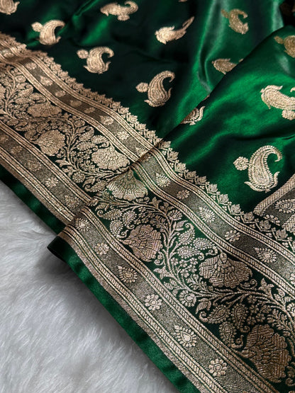 Satin Silk Saree Floral Boota in Bottle Green Shades SS27
