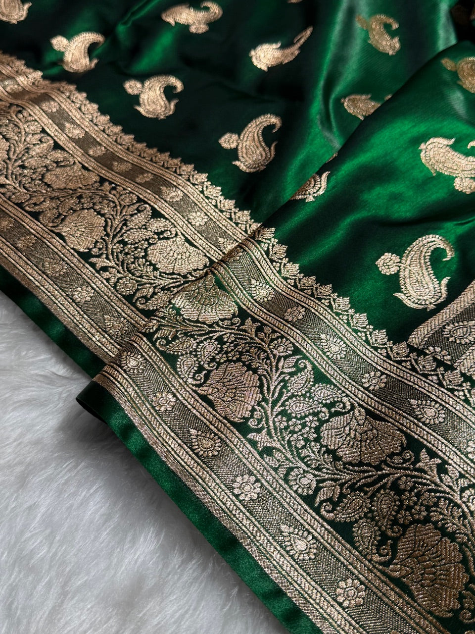 Satin Silk Saree Floral Boota in Bottle Green Shades SS27