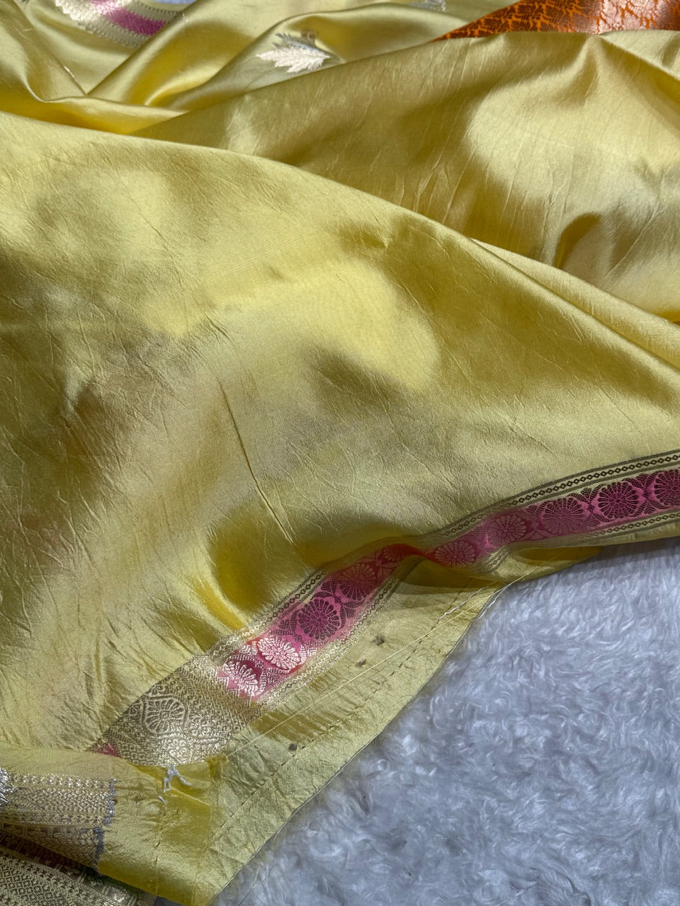 Pastel Yellow Flower Boota Pure Caramel Mango Silk Saree