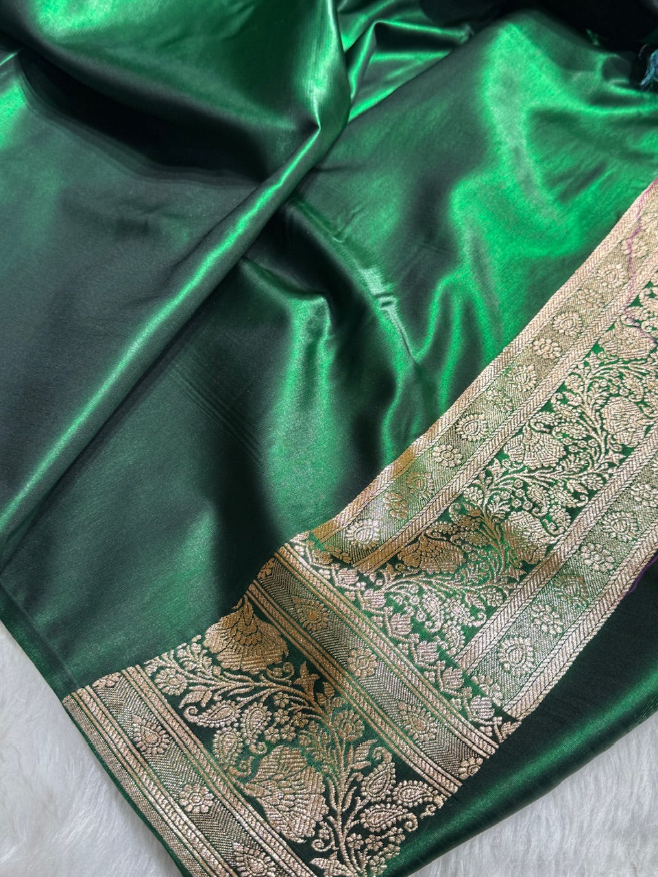 Satin Silk Saree Floral Boota in Bottle Green Shades SS27