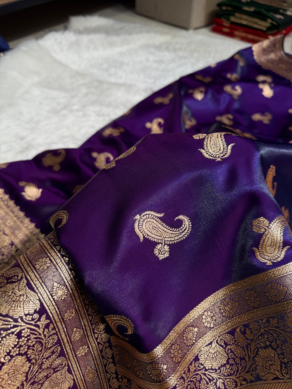 Satin Silk Saree Floral Boota in Purple Shades SS27