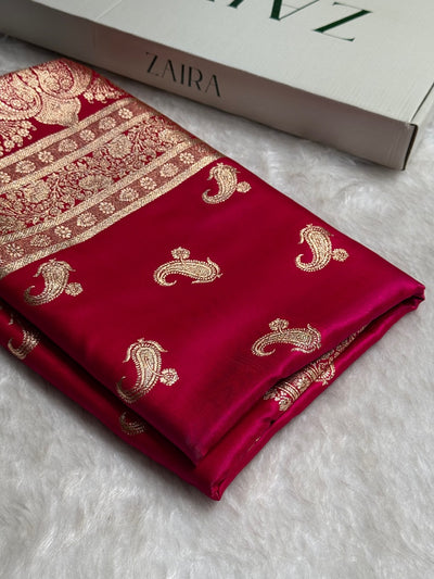 Satin Silk Saree Floral Boota in Cross Rani Shades SS27