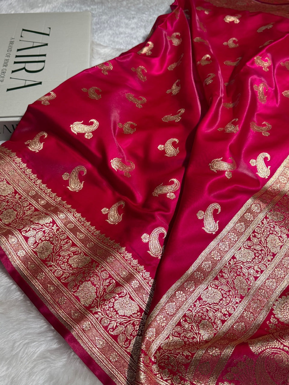 Satin Silk Saree Floral Boota in Rani Shades SS27