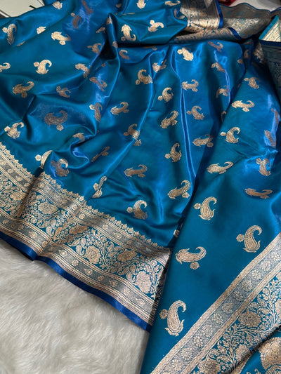 Satin Silk Saree Floral Boota in Firozy Shades SS27