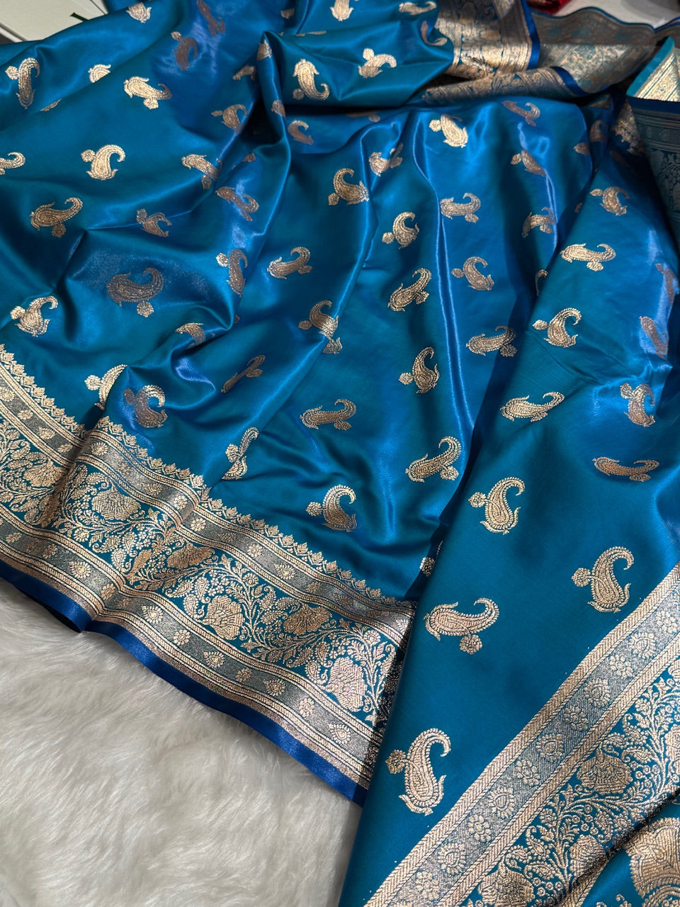 Satin Silk Saree Floral Boota in Firozy Shades SS27