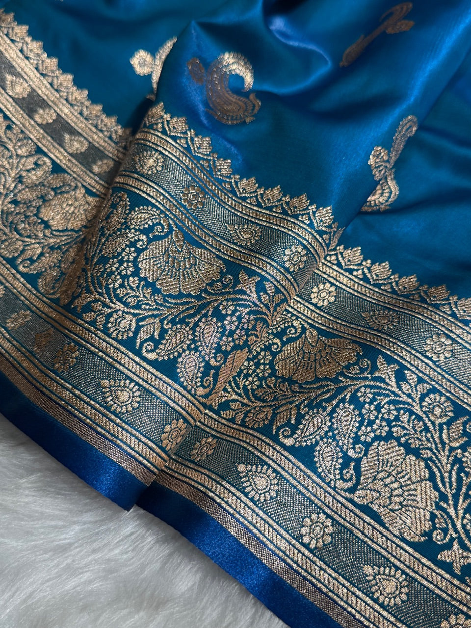 Satin Silk Saree Floral Boota in Firozy Shades SS27