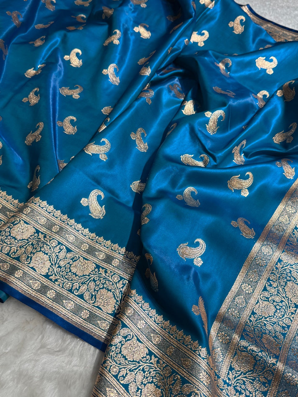 Satin Silk Saree Floral Boota in Firozy Shades SS27