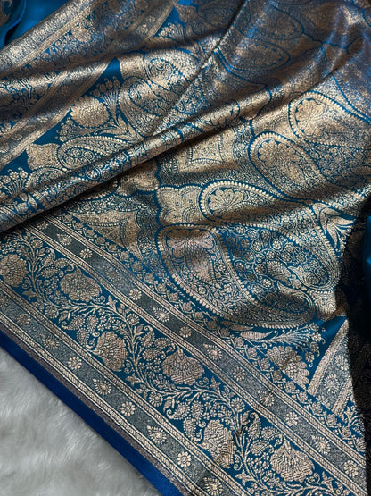 Satin Silk Saree Floral Boota in Firozy Shades SS27