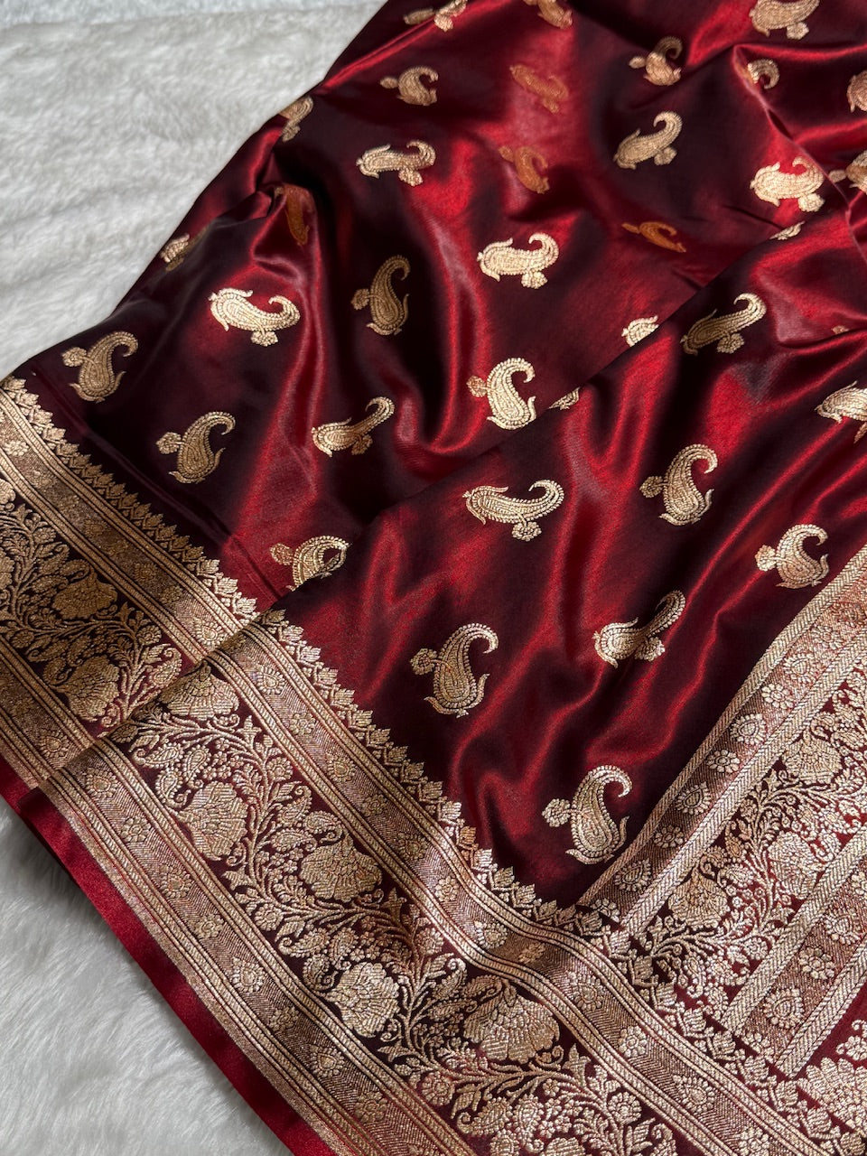 Satin Silk Saree Floral Boota in Maroon Shades SS27