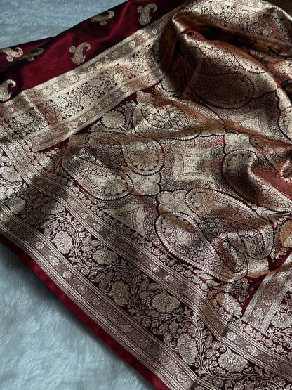 Satin Silk Saree Floral Boota in Maroon Shades SS27