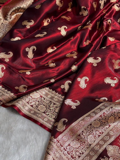 Satin Silk Saree Floral Boota in Maroon Shades SS27