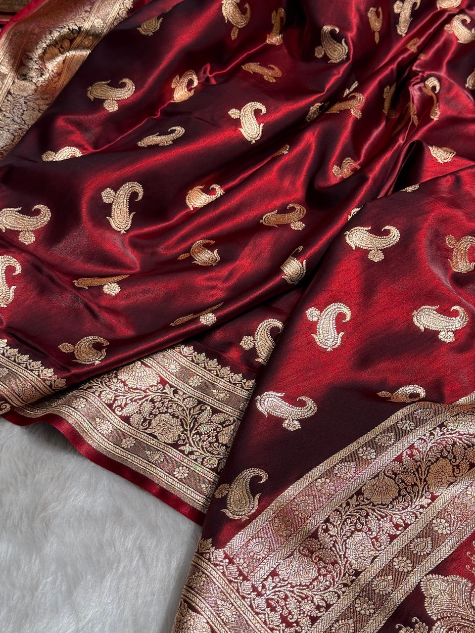 Satin Silk Saree Floral Boota in Maroon Shades SS27