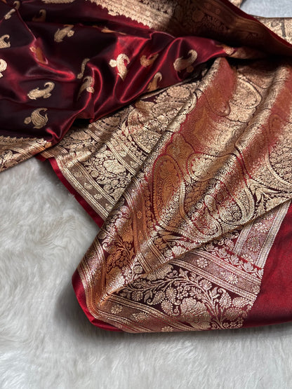 Satin Silk Saree Floral Boota in Maroon Shades SS27