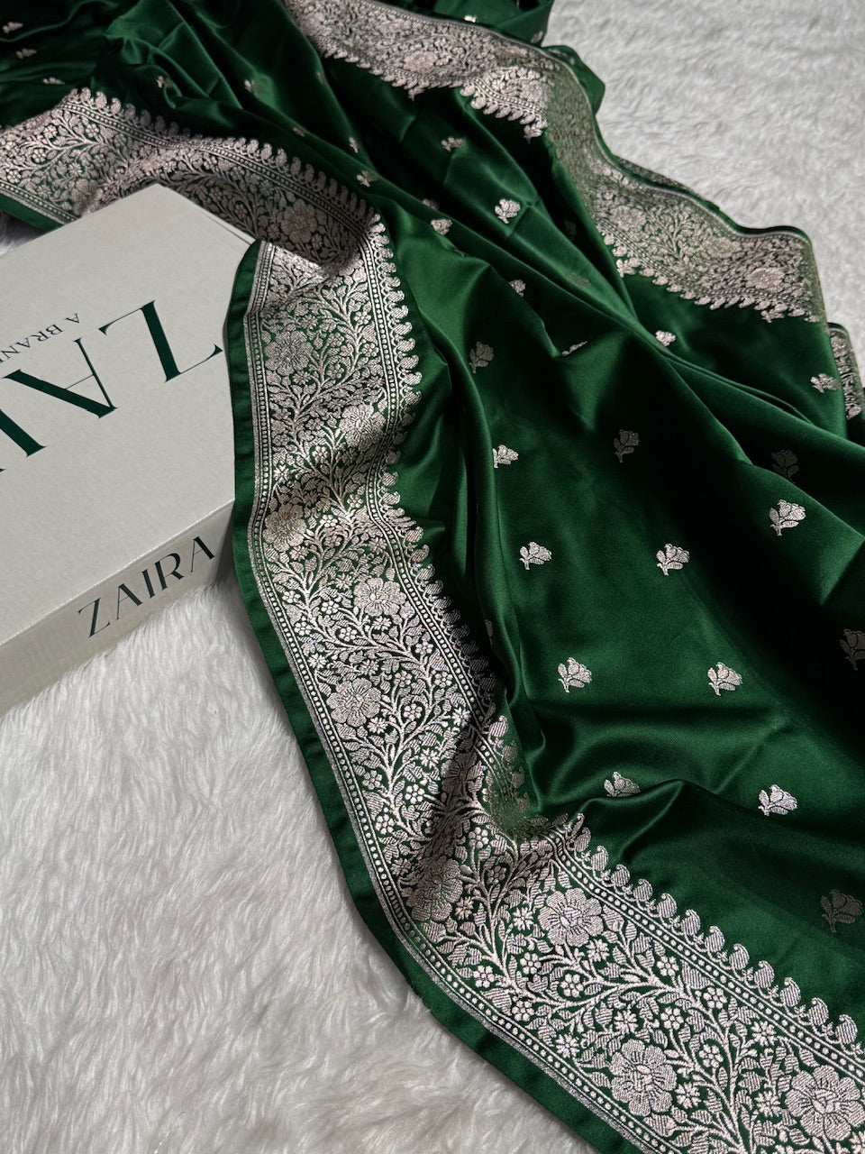 Bottle Green floral Booti Mashru Silk Saree