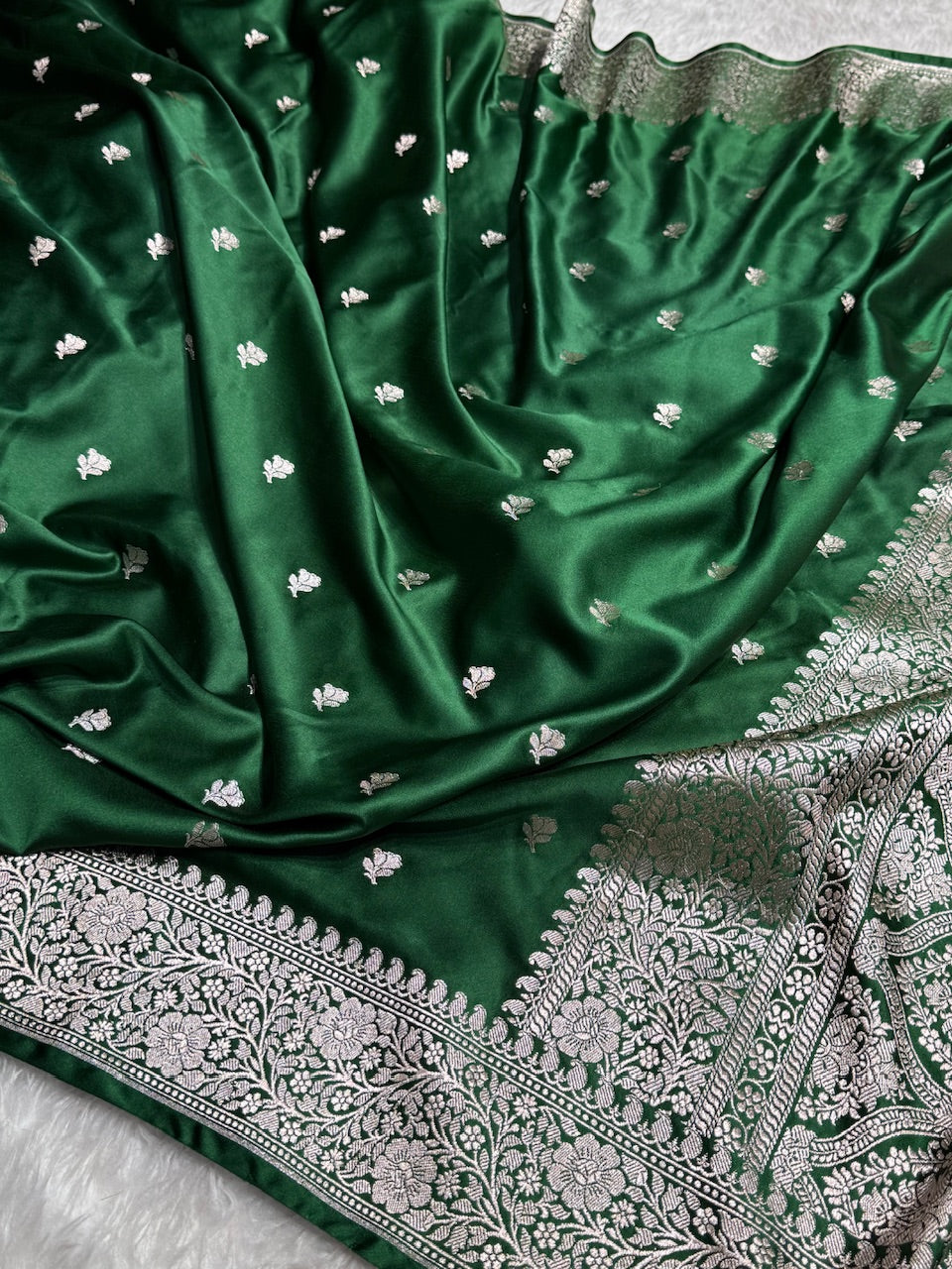 Bottle Green floral Booti Mashru Silk Saree